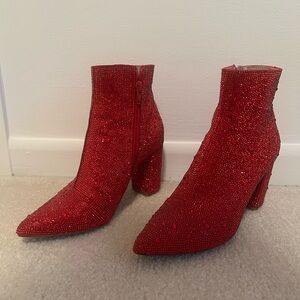 Betsey Johnson Cady Red Rhinestone Ankle Boots